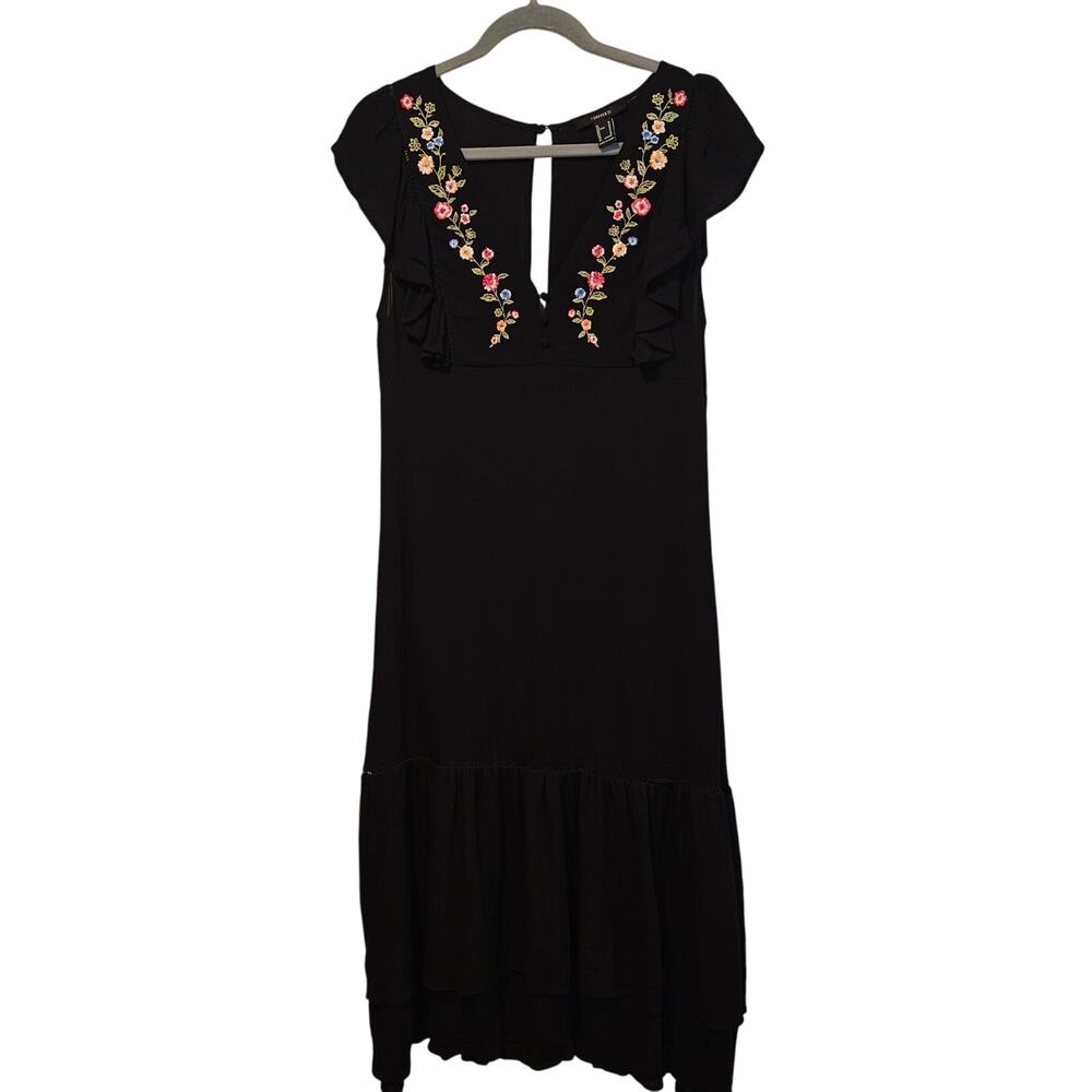 Forever 21‎ Black Dress Medium Flutter Sleeve Embroidered VNeck Ruffles Boho